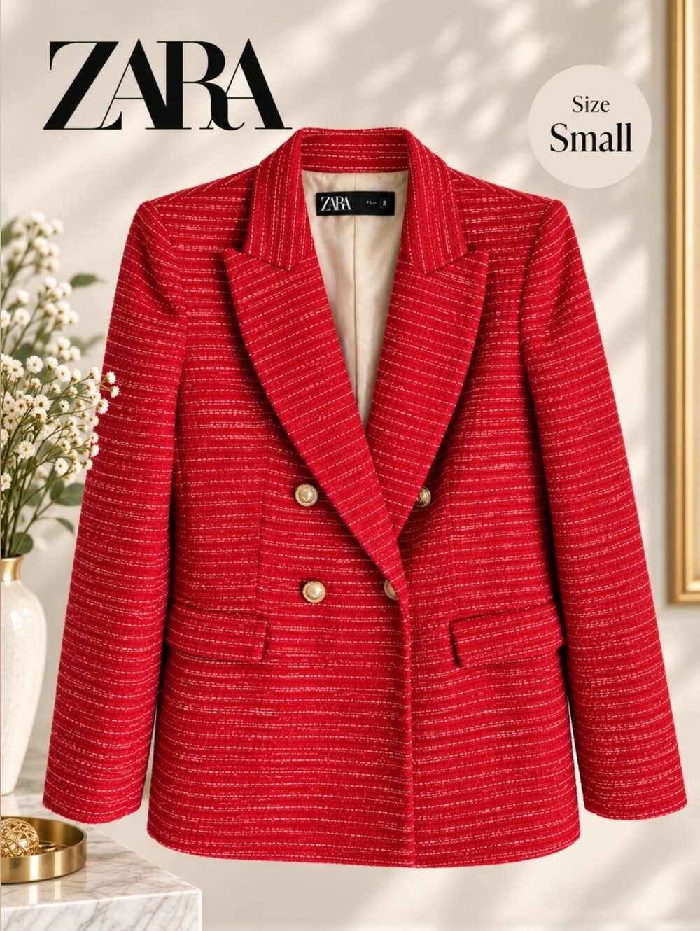 EUC ZARA Red Double-Breasted Tweed Blazer with Gold Buttons, Size Small